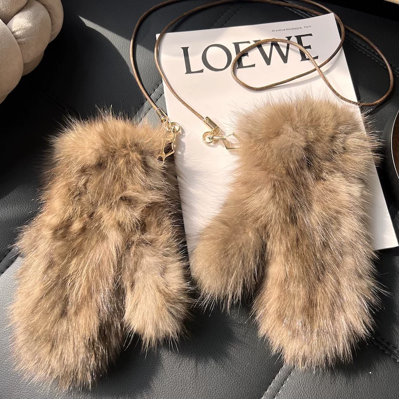 Real Sable Fur Mittens for Women – Luxury Winter Gloves, Warm Knitted Stretch Design with Soft Lining & Neck Strap